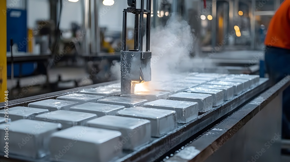 Poster permanent mold casting process with molten metal being poured into reusable molds in an automated in