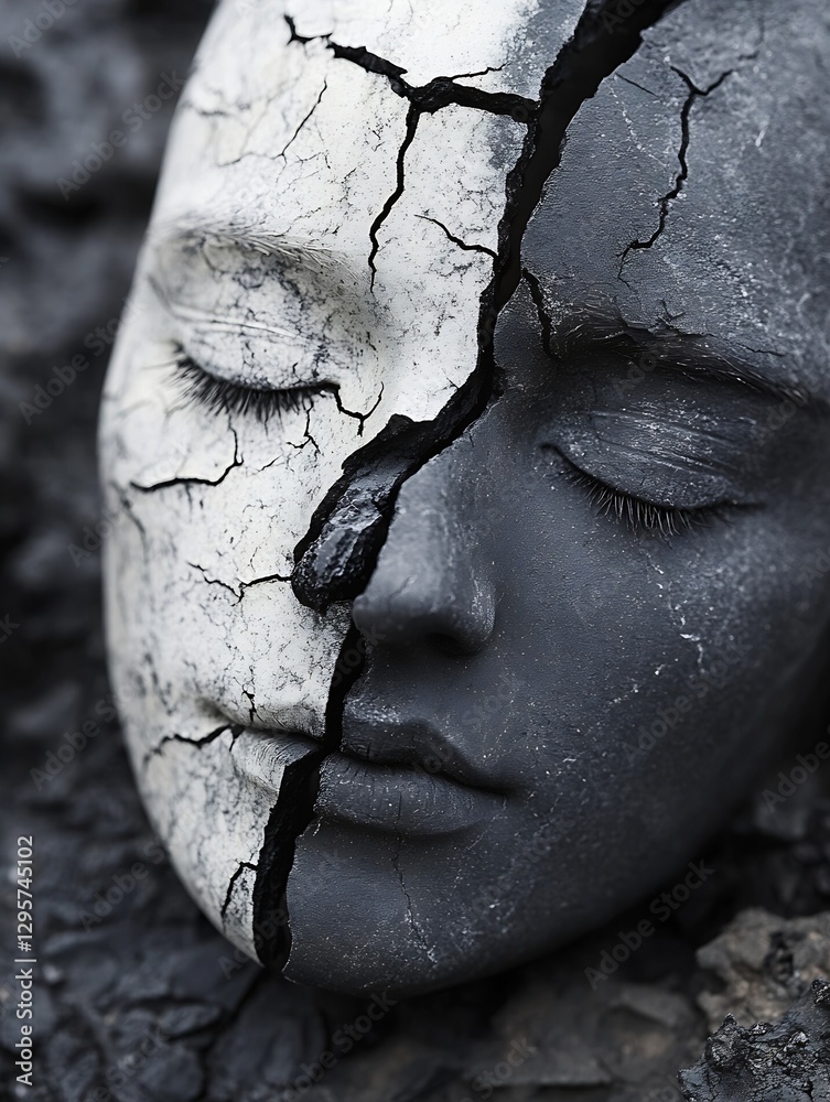 Poster artistic sculpture of a cracked face symbolizing duality and inner conflict in monochrome : generati