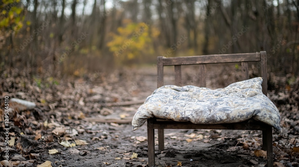 Aufkleber rustic wooden chair with quilt on a forest path surrounded by autumn leaves : generative ai
