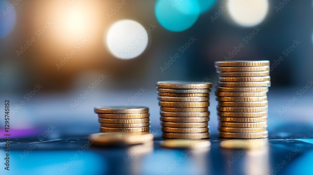Fototapete close up view of stacked coins with a blurred colorful background : generative ai