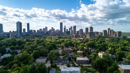 Fototapeta premium Aerial view of modern city skyline surrounded by lush greenery under a blue cloudy sky : Generative AI