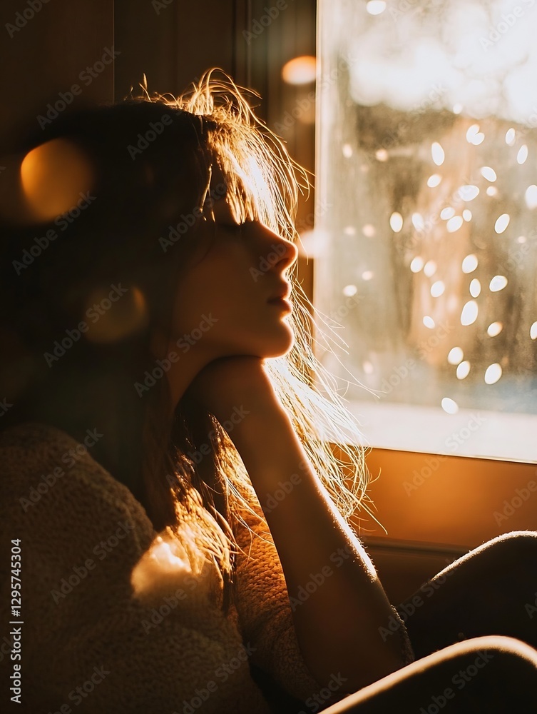 Poster beautiful side profile of a young woman lost in thought illuminated by soft sunlight and sparkling r