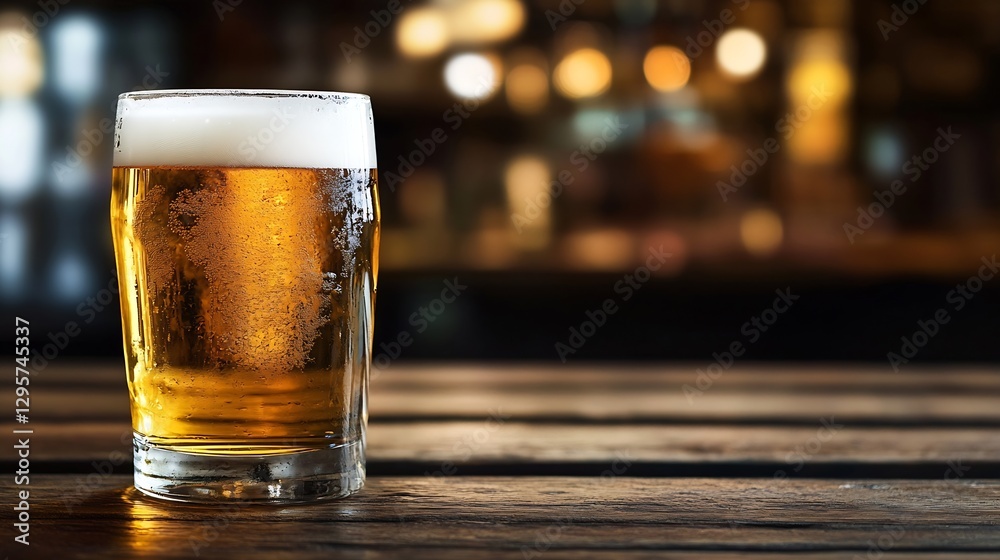 Poster refreshing glass of cold golden beer with bubbles on a wooden bar table : generative ai