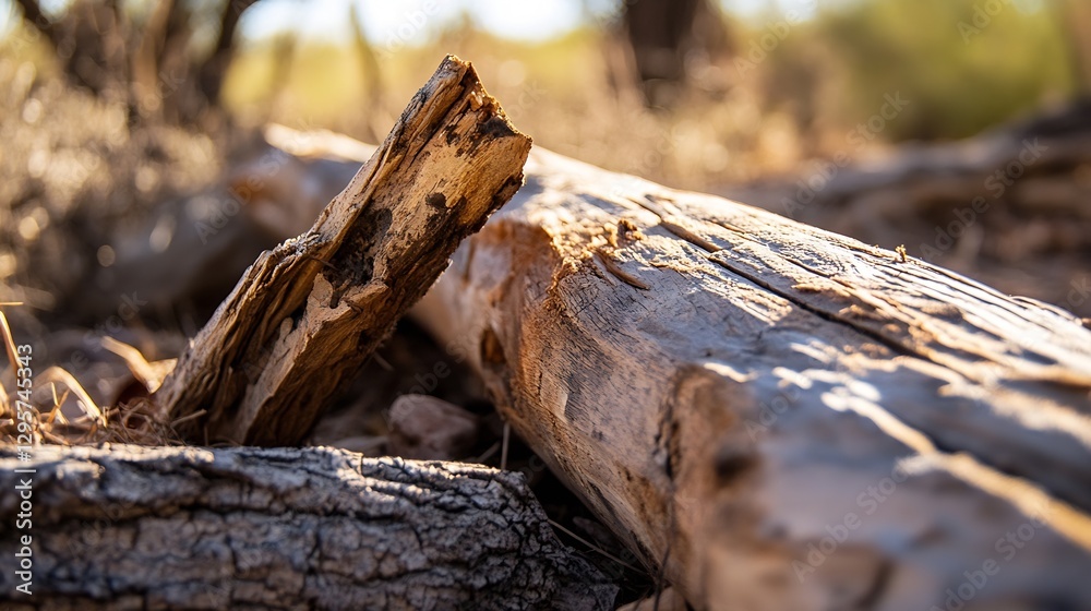 Poster macro shot of a weathered log on the ground surrounded by dry natural foliage in warm sunlight : gen