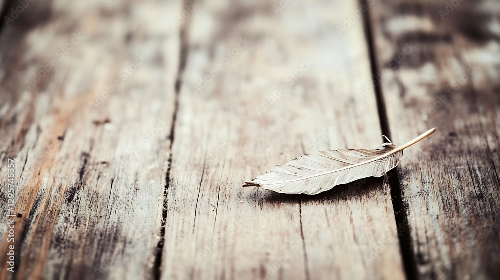 Poster a single dry leaf resting on a weathered wooden surface creating an aesthetic natural composition : 