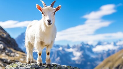 Obraz premium Majestic white goat standing on a rock against a stunning mountain landscape in daylight : Generative AI