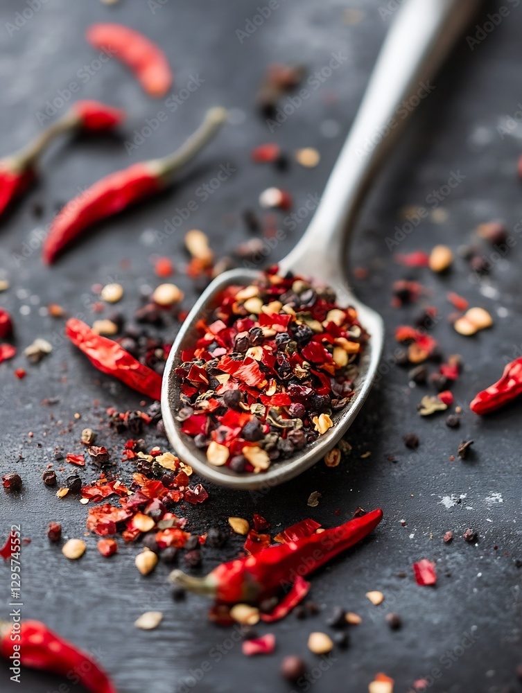 Poster spices and crushed red peppers arranged artistically on a dark surface with a silver spoon : generat