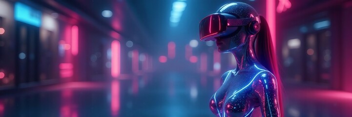 Futuristic metallic bodysuit with holographic accents in a virtual reality setting, fashion, metaverse, bodysuit