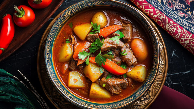 Uzbek Dimlama slow-cooked lamb stew with potatoes and carrots