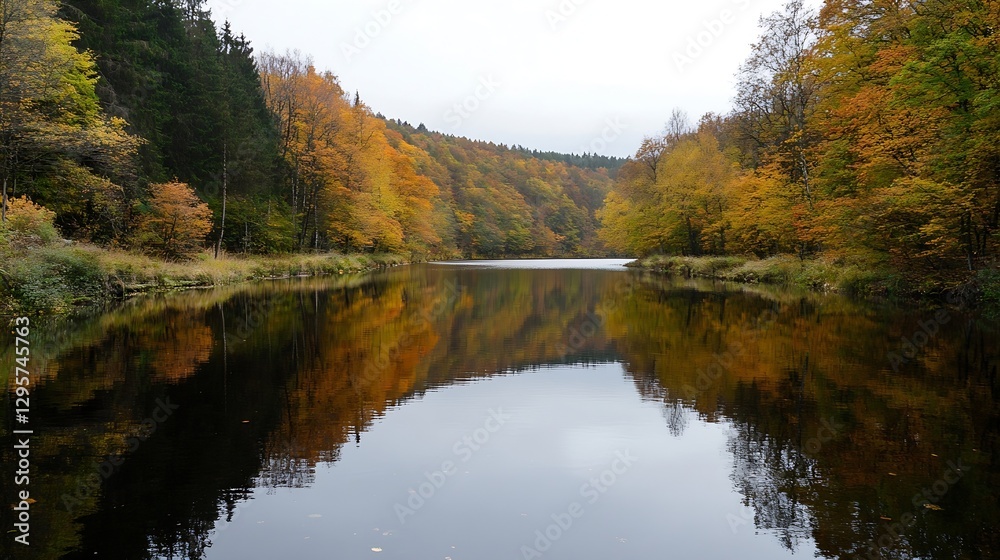 Poster Autumn Reflections in a Still Lake Surrounded by Colorful Trees : Generative AI