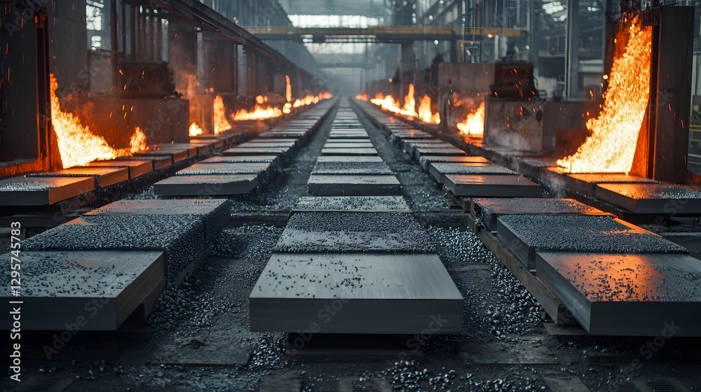 Poster photo of the continuous casting process where molten steel is poured into molds to form slabs at an 