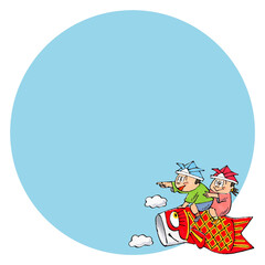 鯉のぼりに乗る子供　コピースペース(ブルー)