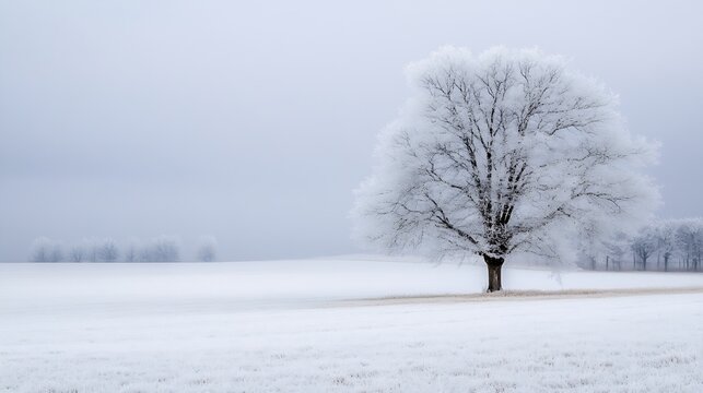 Stunning winter landscape featuring a solitary frostcovered tree on a serene snowy field under a gray sky : Generative AI - Powered by Adobe