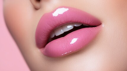 Closeup of glossy pink lips and a womans smile