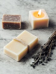 Natural candles soap with herbs on surface