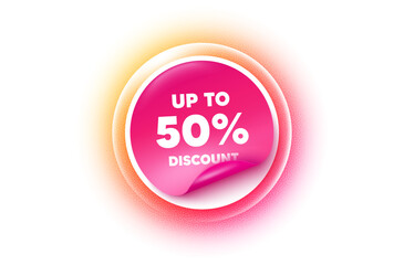 Discount tag sticker orange gradient. Paper offer price tag. Up to 50 percent discount. Sale offer price sign. Special offer symbol. Save 50 percentages. Sticker label. Grain dots effect. Vector