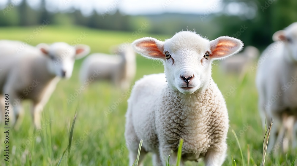 Poster Adorable fluffy lamb frolicking in a green field with a curious expression and a sunny backdrop : Generative AI