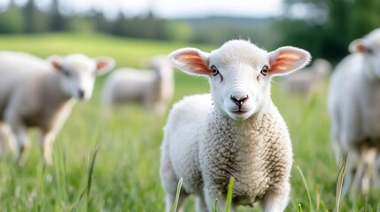 Fototapeta premium Adorable fluffy lamb frolicking in a green field with a curious expression and a sunny backdrop : Generative AI