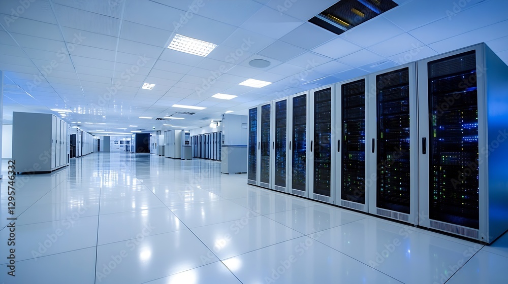 Poster futuristic data center interior with rows of server racks and bright led lights in a modern setup : 