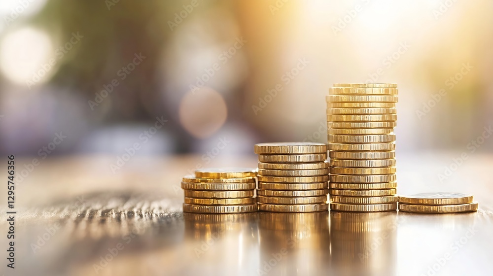 Poster piles of shiny coins stacked on a wooden table during sunset for financial concepts : generative ai