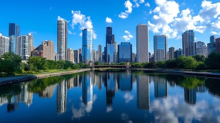 Modern City Skyline Reflected on Calm Water Under Bright Blue Sky with Clouds : Generative AI