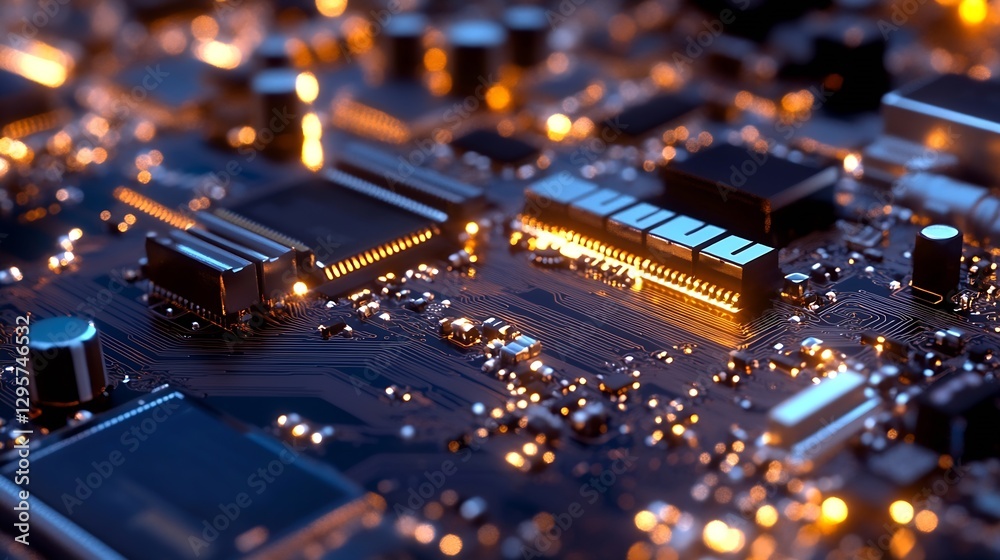 Poster Close-up of a circuit board featuring illuminated components and intricate details : Generative AI