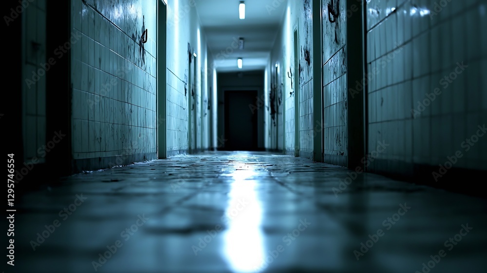 Poster eerie corridor illuminated with haunting light creating an unsettling atmosphere : generative ai