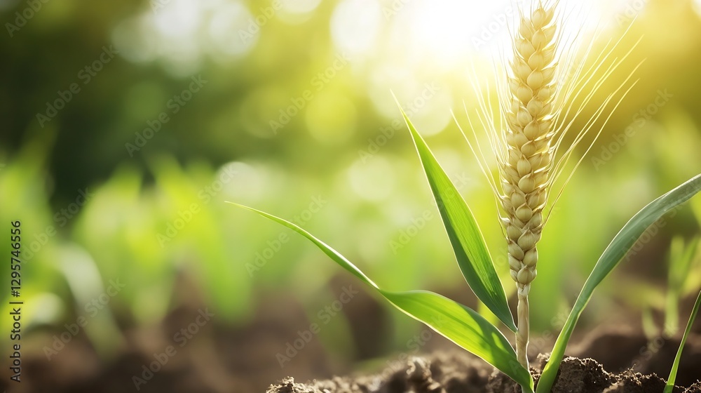 Poster fresh green wheat sprout emerging from the soil illuminated by bright sunlight : generative ai