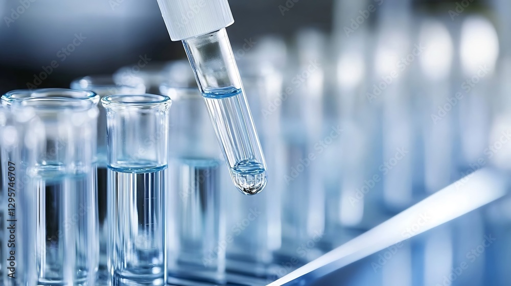 Poster Closeup of a pipette dropping liquid into a test tube surrounded by other laboratory glassware in a professional lab setting : Generative AI