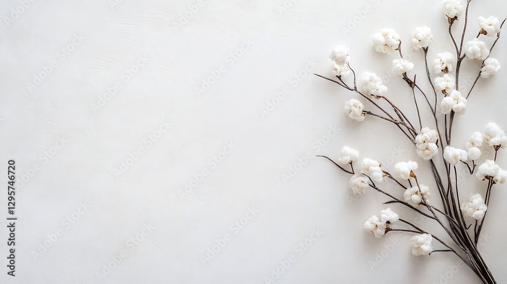 Wall mural Delicate white cotton flowers artistically arranged on a light textured background for peaceful decor : Generative AI