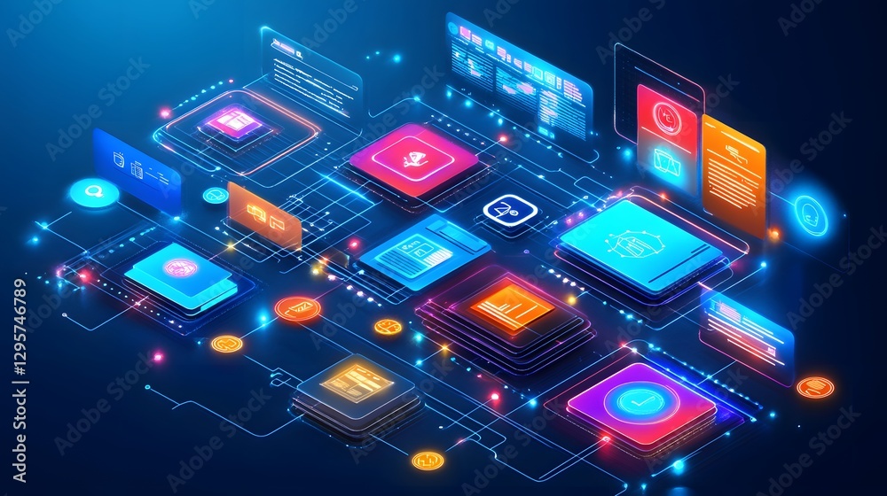 Wall mural futuristic digital interface showcasing data analytics and ai technology with vibrant visuals