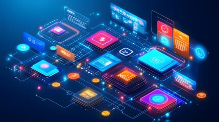 Futuristic digital interface showcasing data analytics and AI technology with vibrant visuals