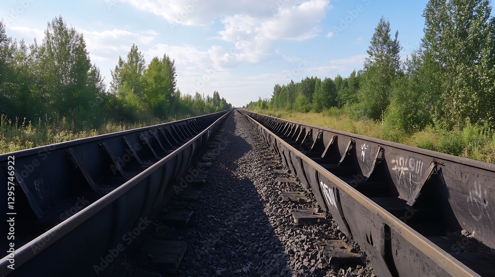 Poster Expansive View of Abandoned Railway Track Surrounded by Nature : Generative AI