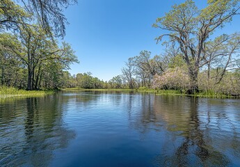 Obraz premium Tranquil Natural Landscape Reflecting Serenity in Wilderness Area with Lush Greenery and Clear Blue Skies Over a Peaceful Water Body
