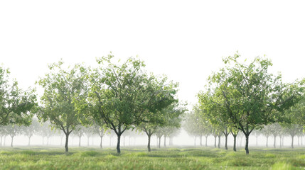 Obraz premium Green trees growing in misty orchard with transparent background