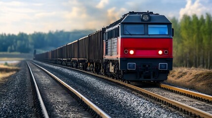 Fototapeta premium Freight train transporting cargo through beautiful countryside scenery with lush greenery : Generative AI