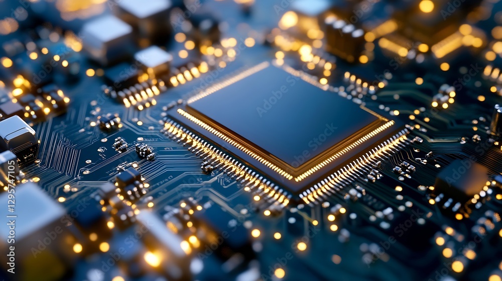 Leinwandbilder close-up of a circuit board featuring advanced technology components shining with led lights : gener