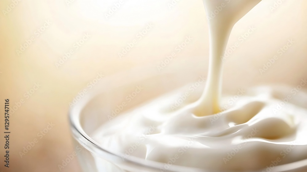 Poster creamy texture of fresh yogurt pouring into a clear glass bowl with a soft background : generative a