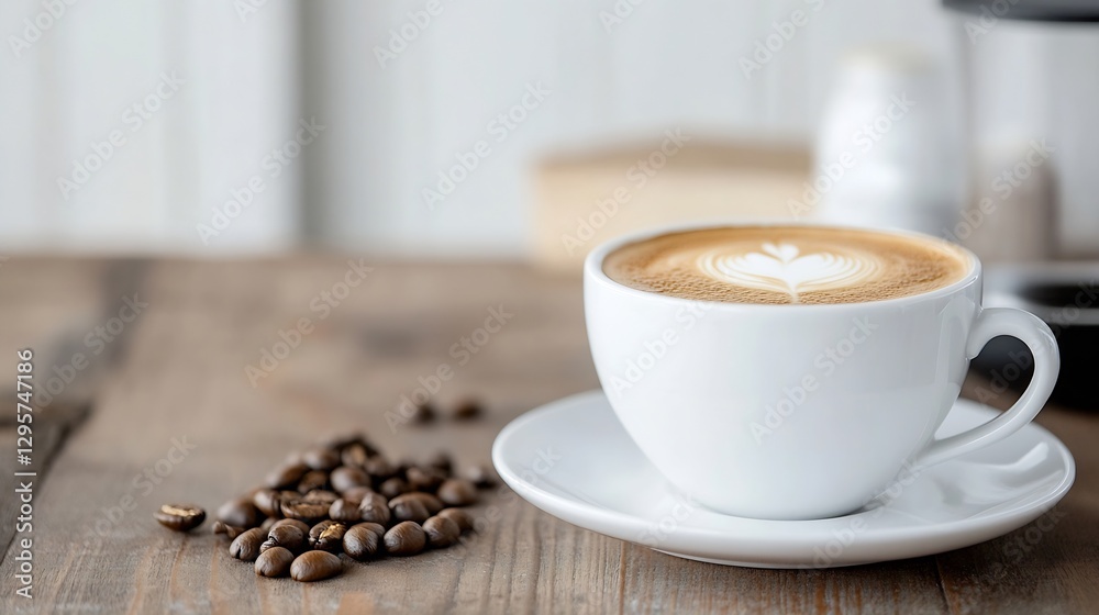 Poster a closeup of a latte in a white cup placed on a wooden table beside coffee beans : generative ai