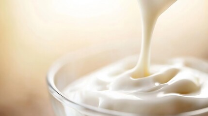 Creamy texture of fresh yogurt pouring into a clear glass bowl with a soft background : Generative AI