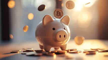 Soft lighting highlights coins falling into a white piggy bank.