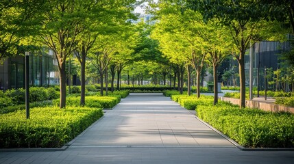 clean public outdoor space with neat walkways and trimmed trees, promoting cleanliness in urban environments