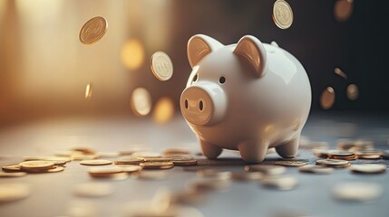 Soft lighting highlights coins falling into a white piggy bank.