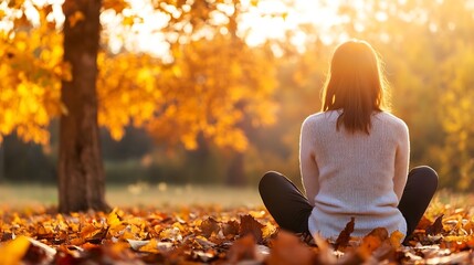 Young woman enjoying a moment of solitude sitting among vibrant autumn leaves at sunset : Generative AI