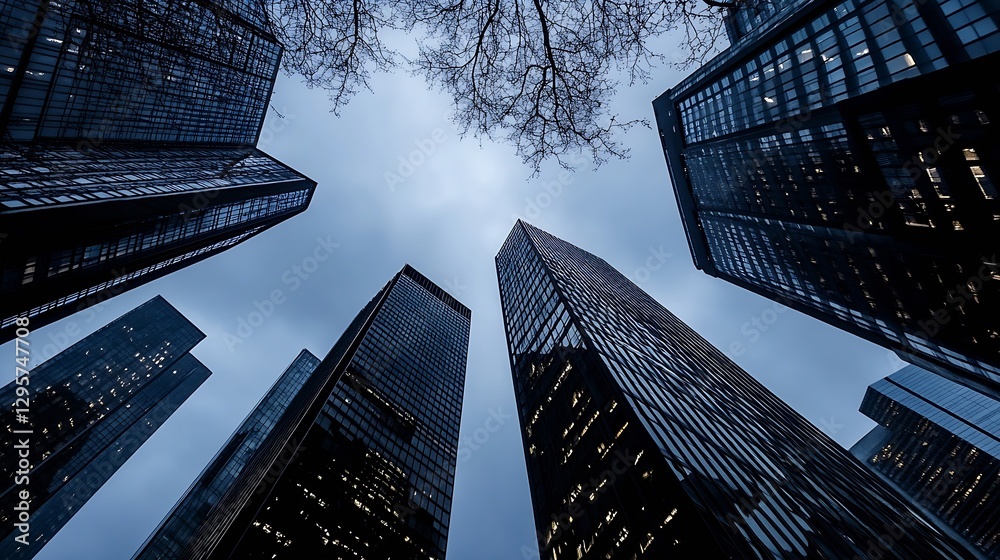 Aufkleber imposing skyscrapers towering against a moody overcast sky : generative ai