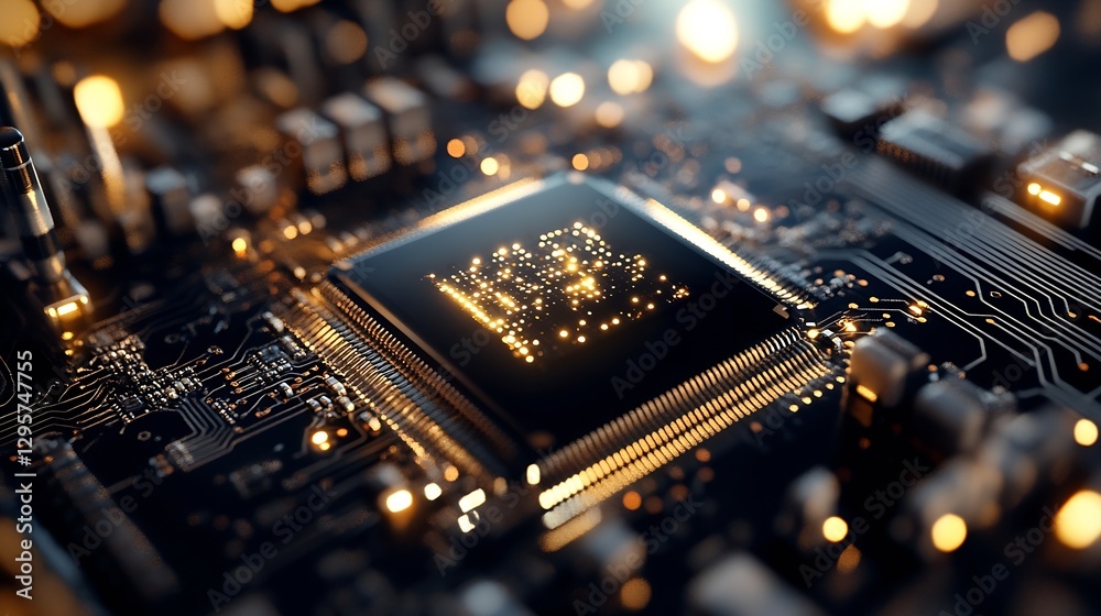 Poster Close Up of Modern Computer Processor on Circuit Board with Golden Lights for Tech Focus : Generative AI