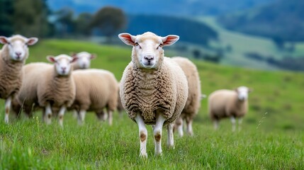 Fototapeta premium A curious sheep stands in a lush green meadow surrounded by its flock against a stunning natural backdrop : Generative AI