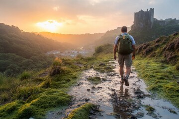 Fototapeta premium Scenic hiking trail at dusk near historic castle with a traveler exploring the lush landscape