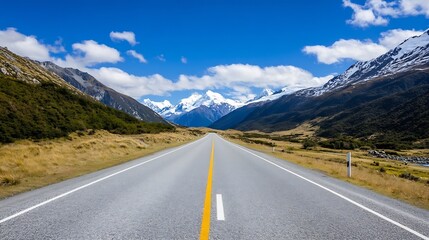Naklejka premium Scenic Mountain Road with Clear Blue Sky and Snowy Peaks in the Background : Generative AI