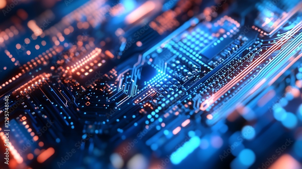 Aufkleber intricate close-up of a futuristic circuit board illuminated with vibrant blue and orange lights : g